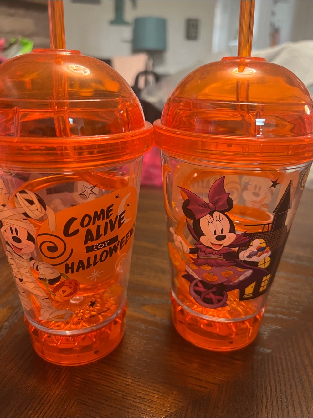 Disney Minnie Mouse Halloween Orange Clear Plastic Cups with Lids and Straw